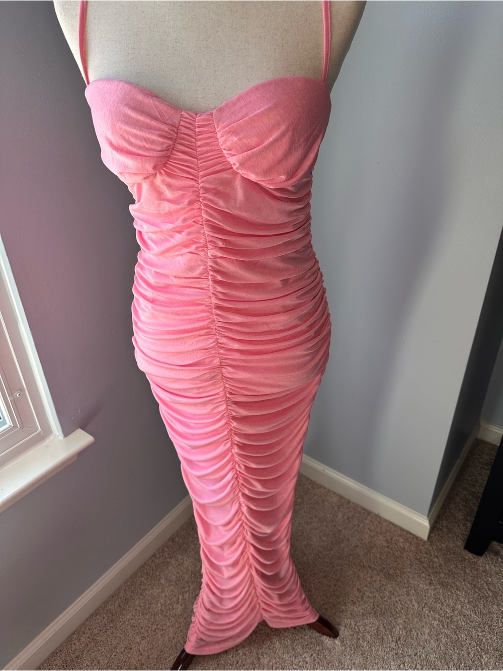NWT Skylar Rose Vibrant Barbie Pink Ruched Maxi Dress Medium/Barbiecore